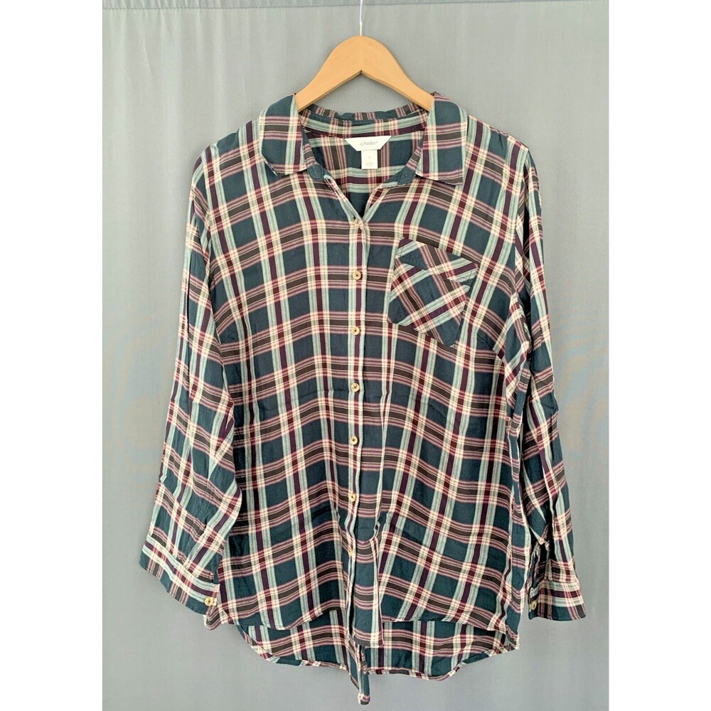CJ Banks Long Sleeve Button Up Shirt Plus Sz 1X Green Pink Purple Plaid Classic